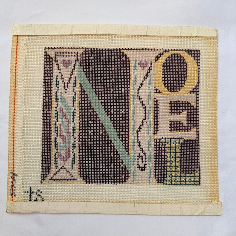 Vintage Needlepoint Canvas NOEL Christmas Typography Pastel Hand Painted